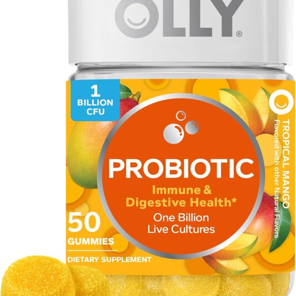 OLLY Probiotic Gummy, Immune and Digestive Support, 1 Billion CFUs, Chewable Probiotic Supplement, Mango, 25 Day Supply - 50 Count