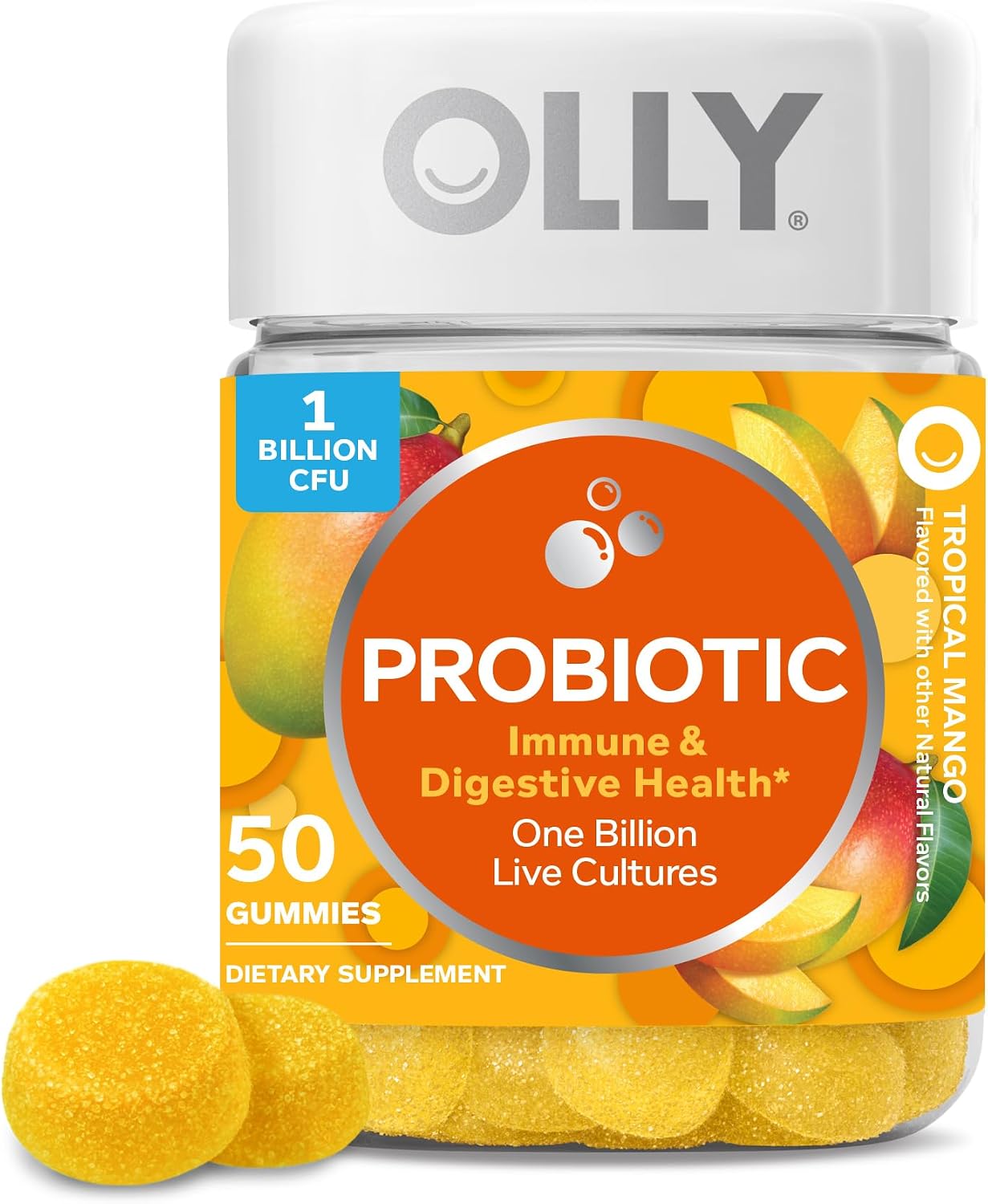 OLLY Probiotic Gummy, Immune and Digestive Support, 1 Billion CFUs, Chewable Probiotic Supplement, Mango, 25 Day Supply - 50 Count OLLY Probiotic Gummy, Immune and Digestive Support, 1 Billion CFUs, Chewable Probiotic Supplement, Mango, 25 Day Supply - 50 Count
