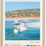HesenDot Natural OAK Wood San Diego Surfing Framed Wall Art,12x16in Natural Seascape Canvas Wall Print,Classic Urban Landmark Wall Decor for Living Room,Bedroom,Office Gallery Gifts Set of 1