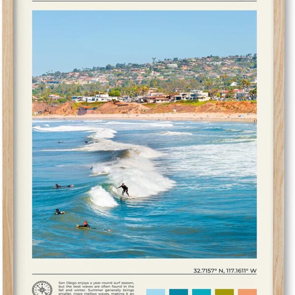 HesenDot Natural OAK Wood San Diego Surfing Framed Wall Art,12x16in Natural Seascape Canvas Wall Print,Classic Urban Landmark Wall Decor for Living Room,Bedroom,Office Gallery Gifts Set of 1