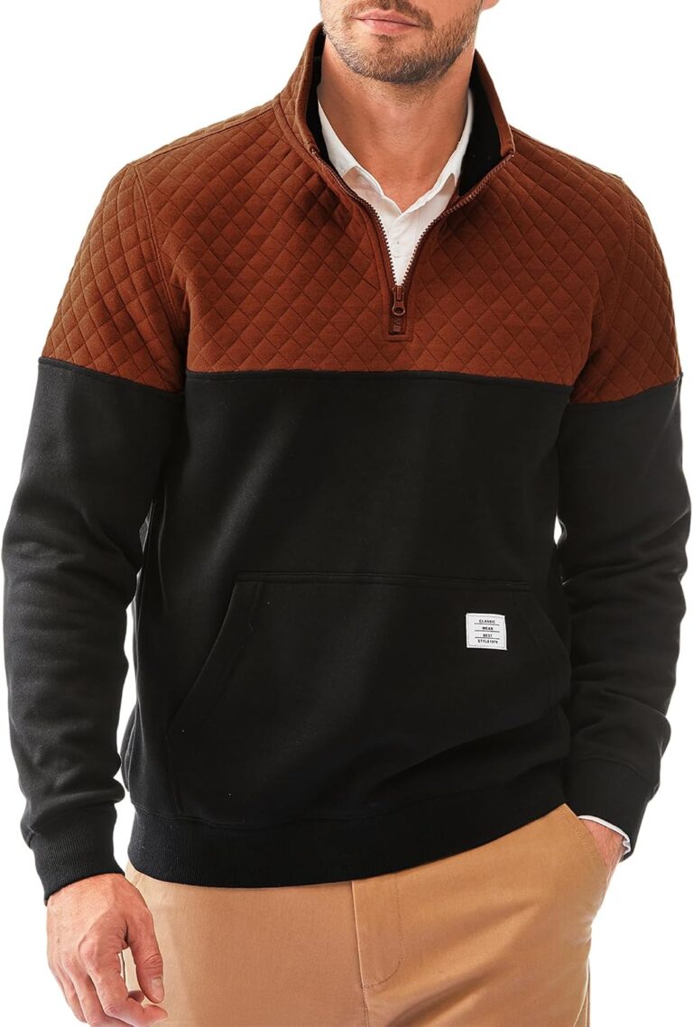 Dokotoo Men Men's Mock Neck Sweatshirts Quarter Zip Quilted Sweater Color Block Long Sleeve Casual Pullover