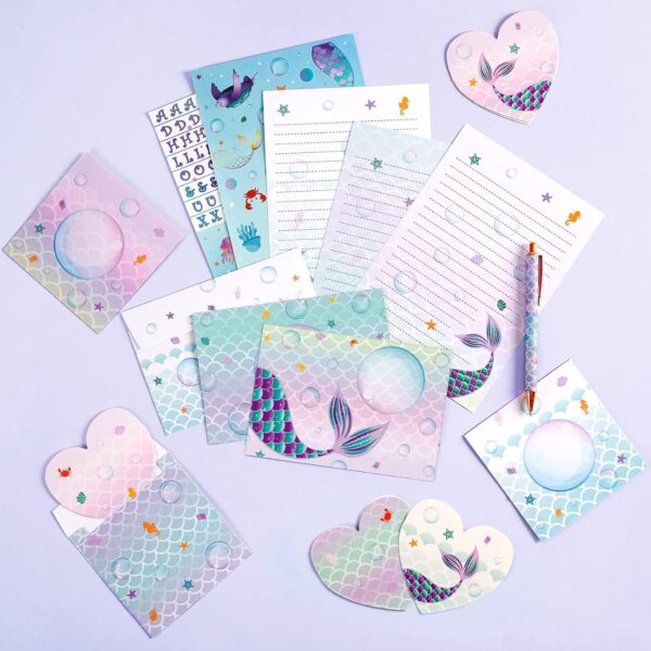 WERNNSAI 69 PCS Stationery Letter and Envelopes, Mermaid Kids Stationery Set, Letter Writing Paper and Envelope Set Christmas Birthday Gifts for Girls with Greeting Cards Stickers Ballpoint Pen
