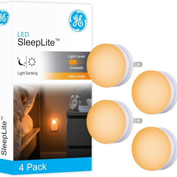 GE SleepLite Night Lights Plug into Wall, 4-Pack, LED Plug in Sleep Nightlight, Warm Amber, Dusk to Dawn Sensor, Adults, Kids Room, Bedroom, Bathroom, Nursery, Hallway, Kitchen, UL Listed, 45041