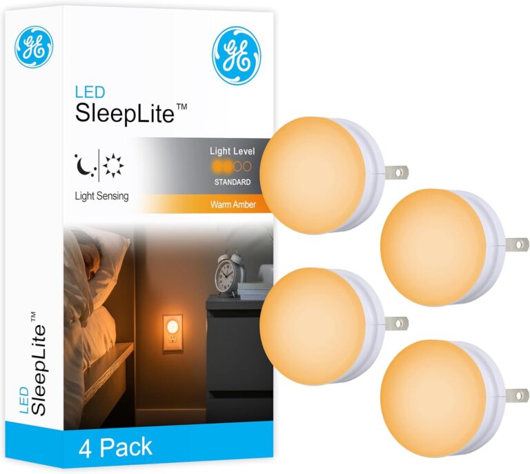 GE SleepLite Night Lights Plug into Wall, 4-Pack, LED Plug in Sleep Nightlight, Warm Amber, Dusk to Dawn Sensor, Adults, Kids Room, Bedroom, Bathroom, Nursery, Hallway, Kitchen, UL Listed, 45041