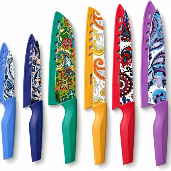 Astercook Paisley Pattern Knife Set with Cover, Dishwasher Safe Colorful Knives with 6 Knife Sheath, German Stainless Steel Rainbow Knife Set