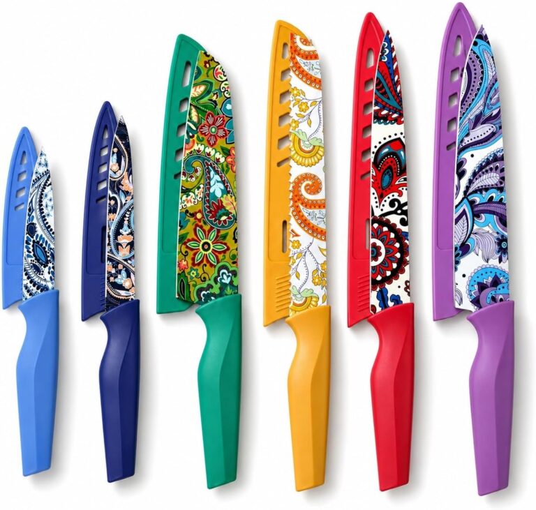Astercook Paisley Pattern Knife Set with Cover, Dishwasher Safe Colorful Knives with 6 Knife Sheath, German Stainless Steel Rainbow Knife Set