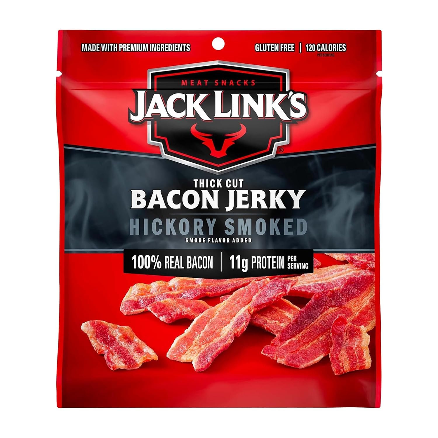 Jack Link's Hickory Smoked Bacon Jerky - 2.5 oz Bag - Ready to Eat Real Meat Protein Snacks - 11g Protein per Serving - Made with 100% Thick Cut Real Bacon Jack Link's Hickory Smoked Bacon Jerky - 2.5 oz Bag - Ready to Eat Real Meat Protein Snacks - 11g Protein per Serving - Made with 100% Thick Cut Real Bacon