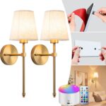 Battery Operated Wall Sconce Set Of Two with Remote Control, Indoor Not Hardwired Dimmable Battery Operated Wall Sconce Light Fixture with Fabric Linen Shade For Bedroom Living Room, Bulb Included ( C