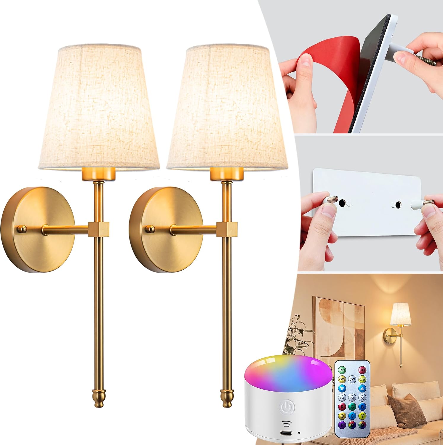 Battery Operated Wall Sconce Set Of Two with Remote Control, Indoor Not Hardwired Dimmable Battery Operated Wall Sconce Light Fixture with Fabric Linen Shade For Bedroom Living Room, Bulb Included ( C Battery Operated Wall Sconce Set Of Two with Remote Control, Indoor Not Hardwired Dimmable Battery Operated Wall Sconce Light Fixture with Fabric Linen Shade For Bedroom Living Room, Bulb Included ( C