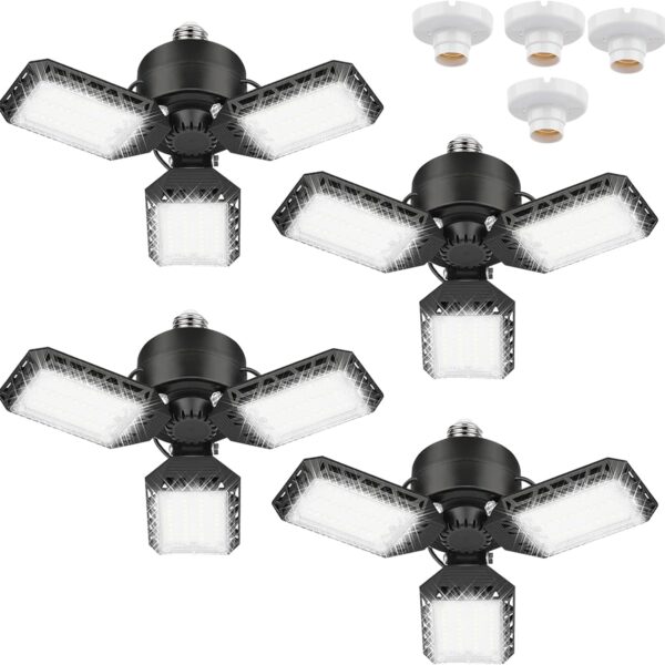 4 Pack Led Garage Lights, 60W Deformable Garage Ceiling Light 8000 lm E26 Basement Lights with 3 Adjustable Led Panels, Fits for Warehouse, Workshop, Barn, and Yard