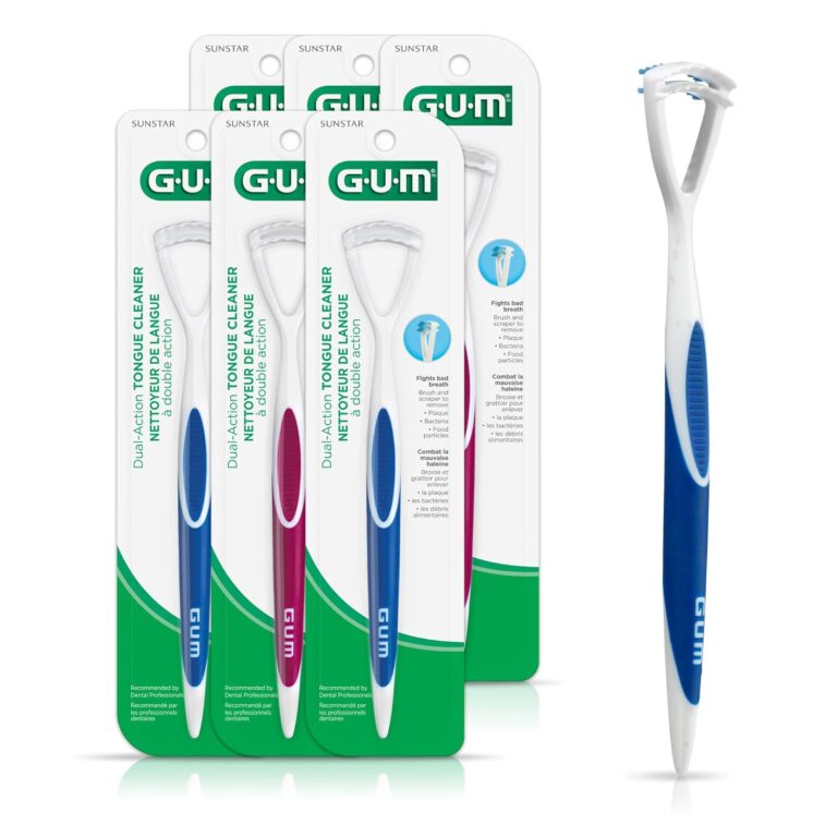 GUM Tongue Cleaner, Dual-Action Soft-Bristled Tongue Brush with Tongue Scraper for Better Oral Hygiene & Bad Breath Control, Pack of 6