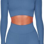 Buttergene Women Workout Sets 2 Pieces Long Sleeve Yoga Outfits Gym Clothes Seamless Ribbed Crop Top High Waist Leggings