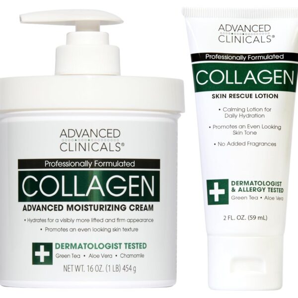 Advanced Clinicals Collagen Cream Body Lotion & Face Moisturizer | Skincare Anti Aging Collagen Lotion For Women, Men, Hand, & Neck Improves Look Of Crepe Skin & Uneven Dry Skin, 16Oz + Travel Size