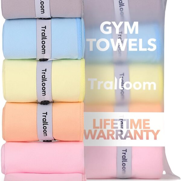 Trailoom Microfiber Workout Towels - Quick Dry, Highly Absorbing, Odor-Free, for Women & Men - Gym Sweat Sports Towel for Hot Yoga, Tennis, Running, Exercise, Working Out, Camping, Set of 5 Pastel