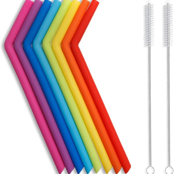 Hiware Reusable Silicone Straws, Long Flexible Silicone Drinking Straws with Cleaning Brushes for 30 oz Tumblers - 10 Pieces - BPA-Free - No Rubber Taste