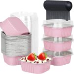 LNYZQUS Mini Cake Pans with Lids and Spoons,10oz Disposable Small Foil Baking Tins,40 Pack Individual Cake Containers for Home Bakers Bake Sales-Pink,4x4 Square