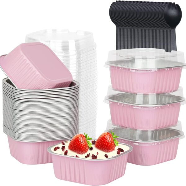 LNYZQUS Mini Cake Pans with Lids and Spoons,10oz Disposable Small Foil Baking Tins,40 Pack Individual Cake Containers for Home Bakers Bake Sales-Pink,4x4 Square