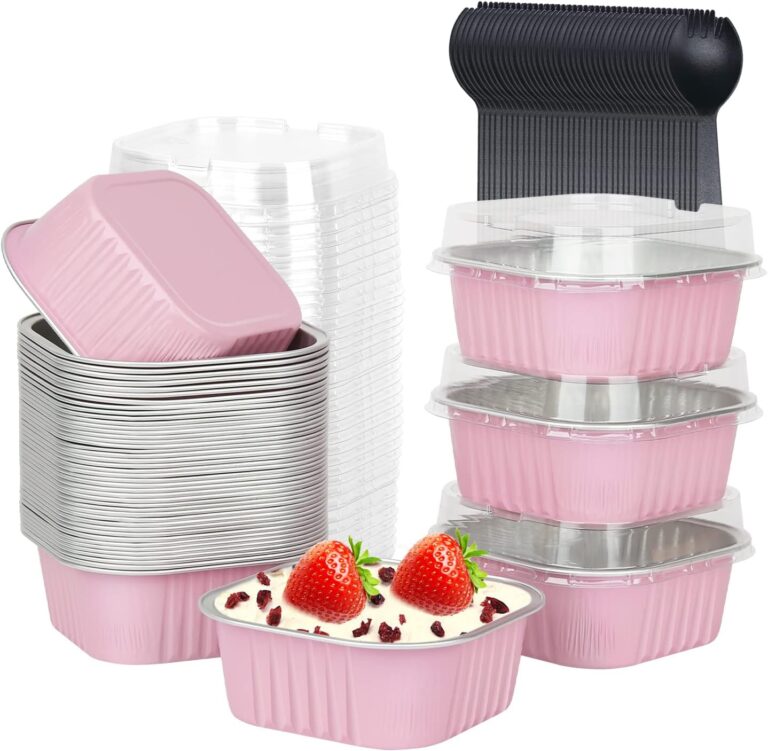 LNYZQUS Mini Cake Pans with Lids and Spoons,10oz Disposable Small Foil Baking Tins,40 Pack Individual Cake Containers for Home Bakers Bake Sales-Pink,4x4 Square