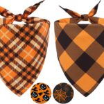 2PCS Fall Dog Bandanas,Halloween Dog Bandanas,One Side Orange Plaid,The Other Side Pumpkin or Spider Web Bibs,Holiday Pet Scarf for Boy and Girl Dogs,Thanksgiving Pet Outfit for Medium to Large Dogs
