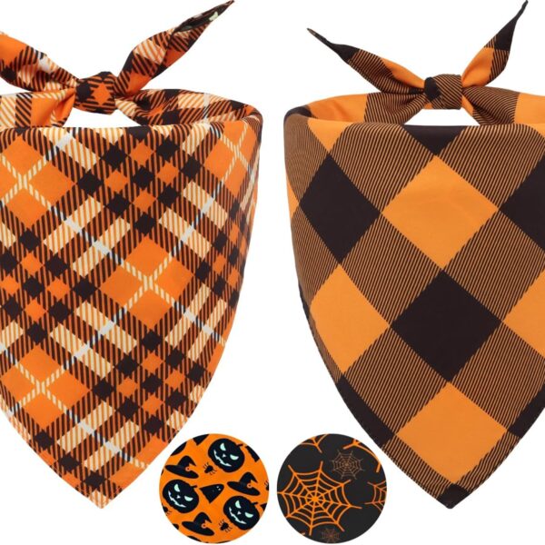 2PCS Fall Dog Bandanas,Halloween Dog Bandanas,One Side Orange Plaid,The Other Side Pumpkin or Spider Web Bibs,Holiday Pet Scarf for Boy and Girl Dogs,Thanksgiving Pet Outfit for Medium to Large Dogs
