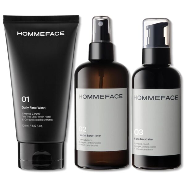 HOMMEFACE Mens Daily Trio 3-Step Daily Routine Set with Face Wash, Herbal Spray Toner & Moisturizer - Korean Skincare Technology with CICA, Tea Tree Leaf & Witch Hazel Extracts, for All Skin Types