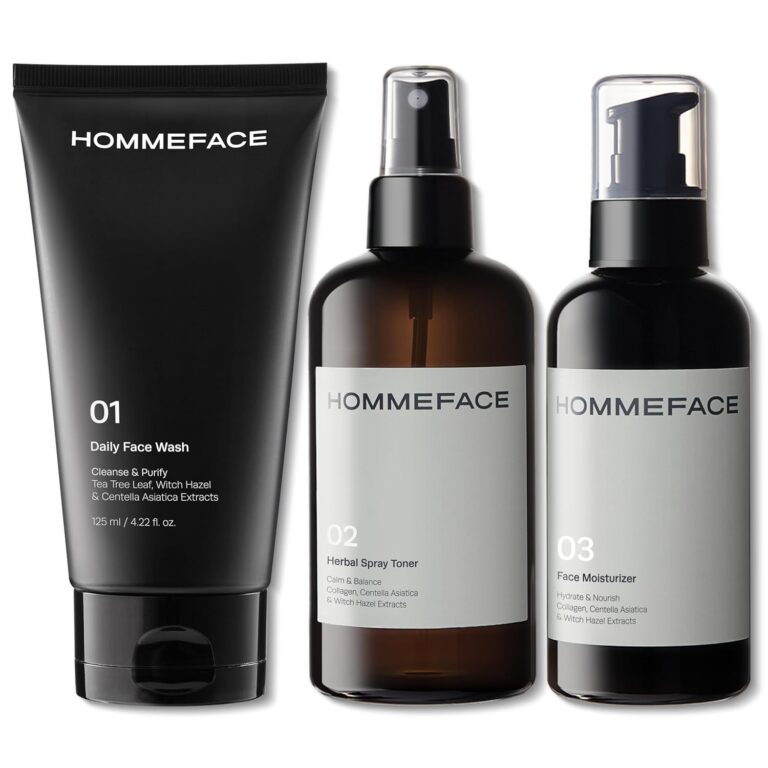 HOMMEFACE Mens Daily Trio 3-Step Daily Routine Set with Face Wash, Herbal Spray Toner & Moisturizer - Korean Skincare Technology with CICA, Tea Tree Leaf & Witch Hazel Extracts, for All Skin Types