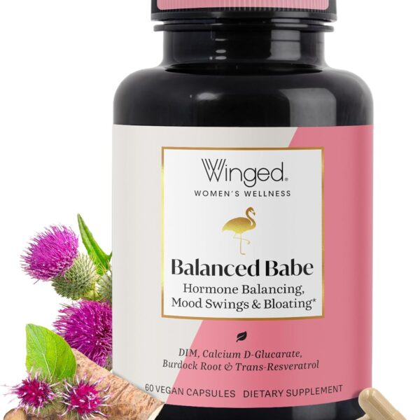 Winged Wellness Balanced Babe, Hormone Balance & Estrogen Detox Supplement for Women - 100mg DIM & Milk Thistle for PMS Bloating, Cramps, Mood, Hormonal Acne, & PCOS Support, 60 Capsules