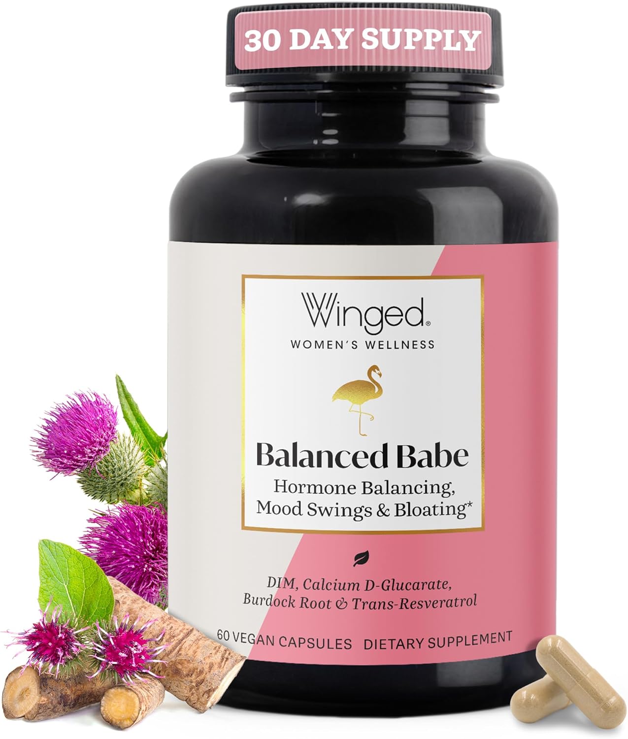 Winged Wellness Balanced Babe, Hormone Balance & Estrogen Detox Supplement for Women - 100mg DIM & Milk Thistle for PMS Bloating, Cramps, Mood, Hormonal Acne, & PCOS Support, 60 Capsules Winged Wellness Balanced Babe, Hormone Balance & Estrogen Detox Supplement for Women - 100mg DIM & Milk Thistle for PMS Bloating, Cramps, Mood, Hormonal Acne, & PCOS Support, 60 Capsules