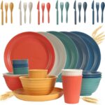 Wheat Straw Dinnerware Sets 36 Piece Unbreakable Dinnerware Sets, Reusable Wheat Straw Plates and Bowls Sets, Travel Camping Cutlery Set, Dishwasher Microwave Safe Dinnerware Colourful
