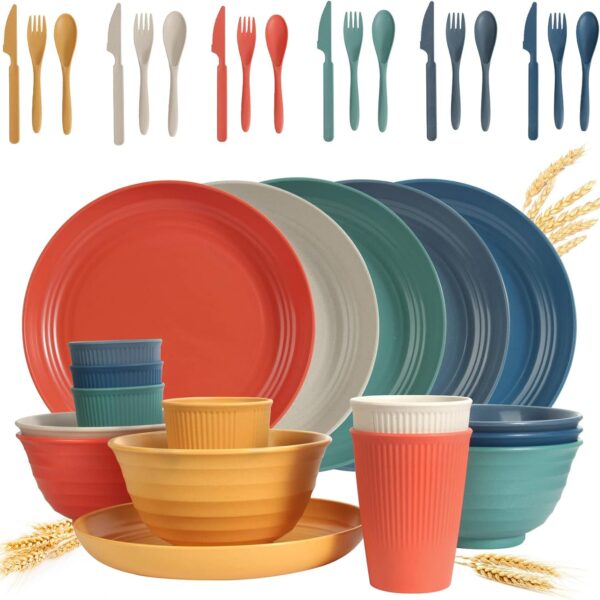 Wheat Straw Dinnerware Sets 36 Piece Unbreakable Dinnerware Sets, Reusable Wheat Straw Plates and Bowls Sets, Travel Camping Cutlery Set, Dishwasher Microwave Safe Dinnerware Colourful