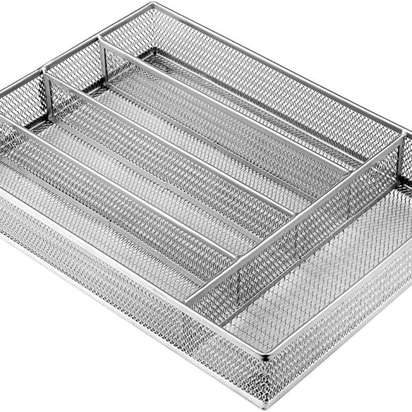 JANE EYRE Drawer Organizer, Cutlery Tray Silverware Flatware Storage Divider for Kitchen, Mesh Wire with Non-slip Foam Feet, 5 Component, Silver