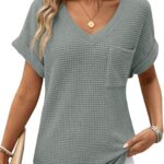 Dokotoo Womens Waffle Knit Tops 2026 Spring Summer V Neck Shirts Casual Trendy Women's Blouses Basic Tee