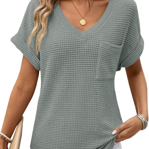 Dokotoo Womens Waffle Knit Tops 2026 Spring Summer V Neck Shirts Casual Trendy Women's Blouses Basic Tee