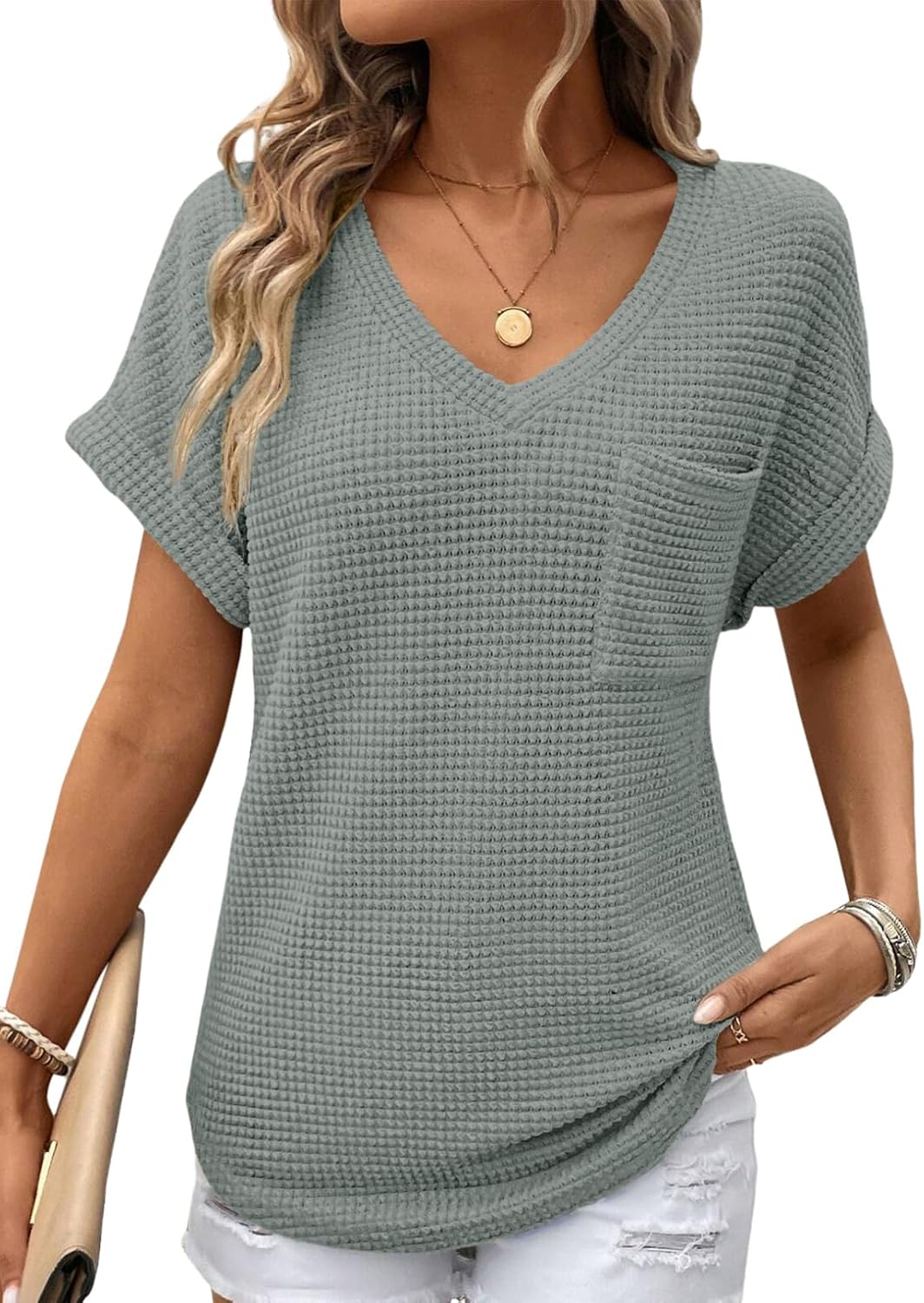 Dokotoo Womens Waffle Knit Tops 2026 Spring Summer V Neck Shirts Casual Trendy Women's Blouses Basic Tee Dokotoo Womens Waffle Knit Tops 2026 Spring Summer V Neck Shirts Casual Trendy Women's Blouses Basic Tee
