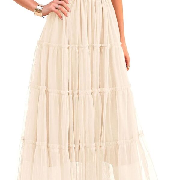 PRETTYGARDEN Women's Summer Tulle Midi Dress Sleeveless Smocked Ruffle Flowy Mesh Dresses Party Wedding Guest Sundress