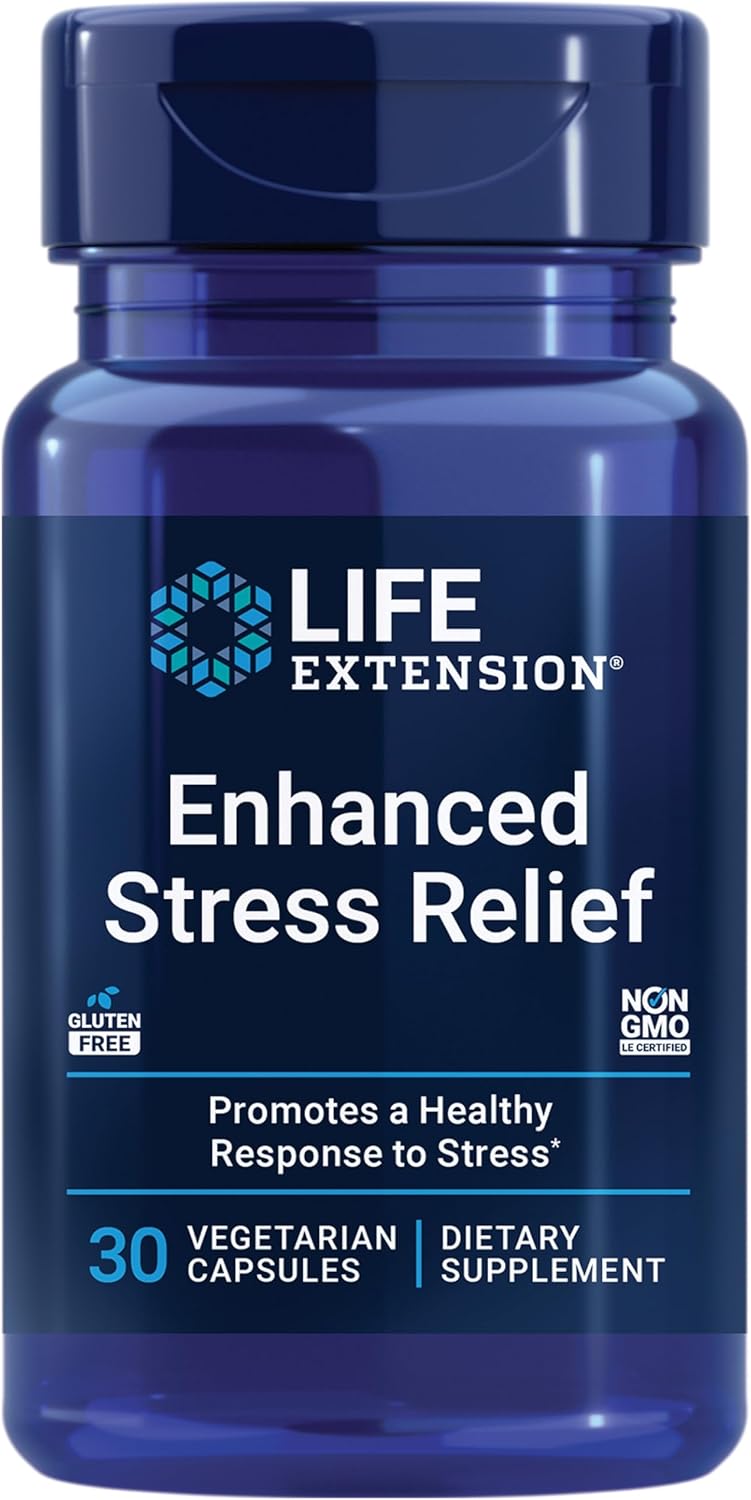 Life Extension Enhanced Stress Relief, Lemon Balm Extract, L-theanine, decompress with This Supplement for Stress, Gluten-Free, Non-GMO, Vegetarian, 30 Capsules Life Extension Enhanced Stress Relief, Lemon Balm Extract, L-theanine, decompress with This Supplement for Stress, Gluten-Free, Non-GMO, Vegetarian, 30 Capsules