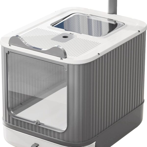 Upgraded Fully Enclosed Cat Litter Box with Lid, Covered Cat Box Enclosure, Anti-Splashing Easy to Clean Kitty Litter Boxes with Drawer, 3 Modes can Use from Kitten to Adult(White&Grey)