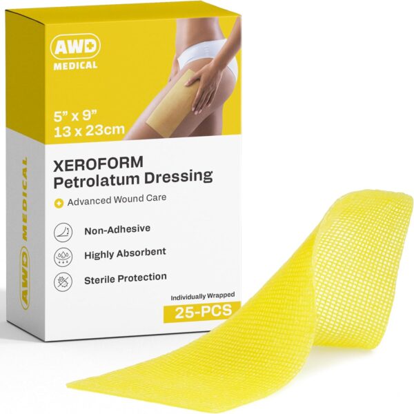 AWD Medical 5"x9" Xeroform Petrolatum Dressing, Non-Adherent Sterile Mesh Gauze for Burns, Skin Grafts, Surgical Wounds & Lacerations, Individually Wrapped (25 Count)