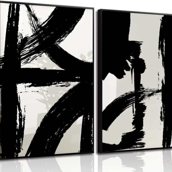 Black and White Brush Stroke Wall Art Modern Abstract Minimalist Ink Line Painting Picture Mid Century Geometric Prints Canvas Poster Retro Graffiti Artwork for Office Home Decor 16x24in Unframed