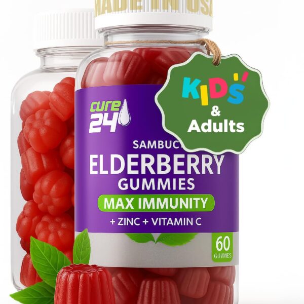 Sambucus Elderberry Gummies + Vitamin C + Zinc for Kids & Adults, X3 Immune Support, Natural Flavors + Ingredients, Vegan, Non-GMO, Made in USA (60)