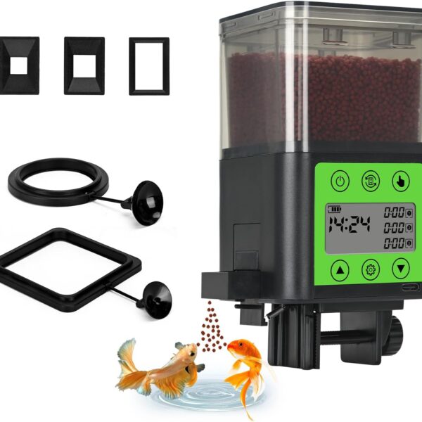Lychee Automatic Fish Feeder USB Rechargeable 320ML Large Capacity Aquarium Fish Food Dispenser with Two Feeding Ring, Moisture-Proof-Aquarium Electric Timer Feeder for Vacation Business Trips