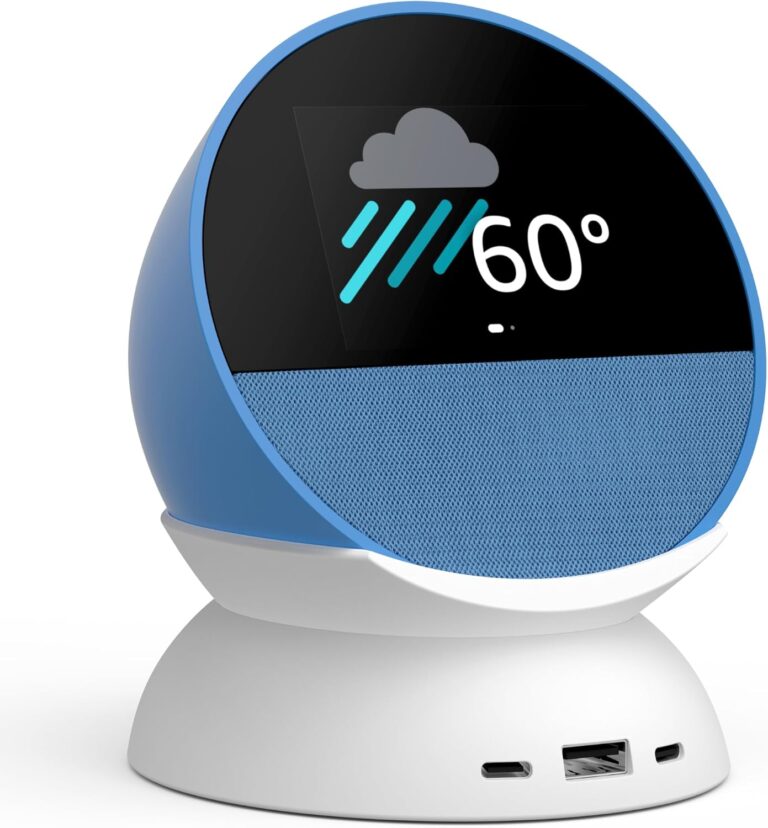 Echo Spot Bundle: Includes Echo Spot | Ocean Blue & Made for Amazon Stand with USB-C and USB-A Charging Ports | Glacier White