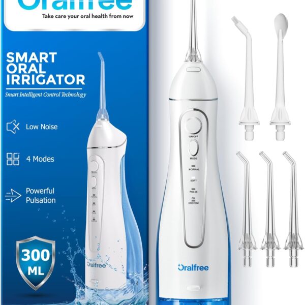 Oralfree Water Dental Flosser Cordless for Teeth Cleaning - 4 Modes Oral Irrigator 300ML Braces Flossers Cleaner, Rechargeable Portable IPX7 Waterproof Powerful Battery for Travel Home