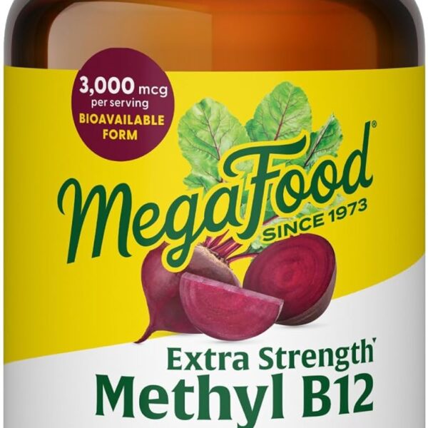 MegaFood Extra Strength Methyl B12 Vitamins, Bioavailable Vitamin B12 3000mcg Per Serving, Supports Energy Metabolism & Nervous System Health, Beet Root, Vegan, Gluten Free, 90 Capsules, 90 Servings