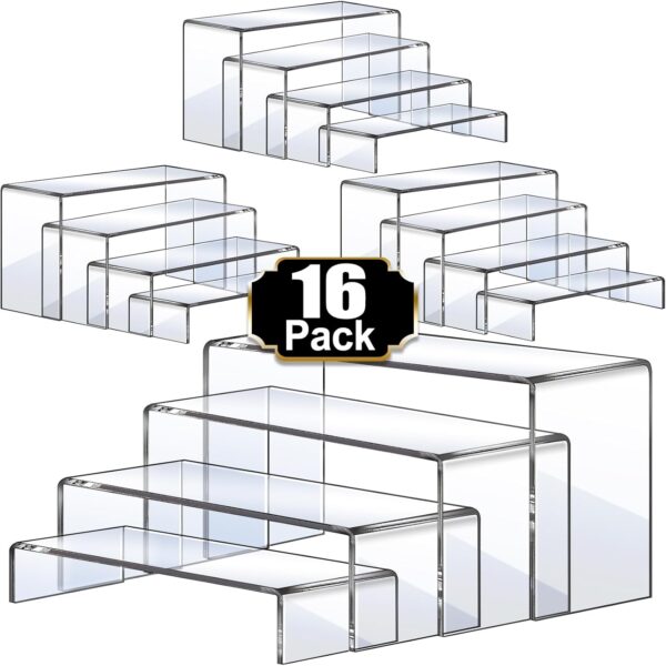 Aheroi Display Risers, 16 Pcs 4 Set(7L~8L~9L) Acrylic Riser Display Shelf, Clear Risers Display Stands, Rectangular Acrylic Risers for Decor Display, Cupcake Candy Shoe Showcase Stands