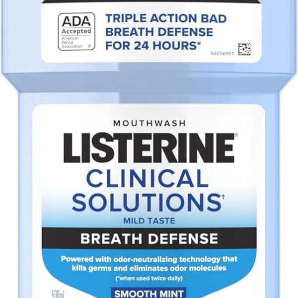 Listerine Clinical Solutions Breath Defense Alcohol Free Mouthwash, Oral Rinse with a Triple-Action Formula Fights Bad Breath for 24 Hours, Smooth Mint Flavor, 500 mL