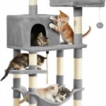 Feandrea Cat Tree, 56.3-Inch Cat Tower, Multi-Level Plush Condo with 11 Scratching Posts, 2 Perches, Hammock, Cave, Light Gray UPCT15W