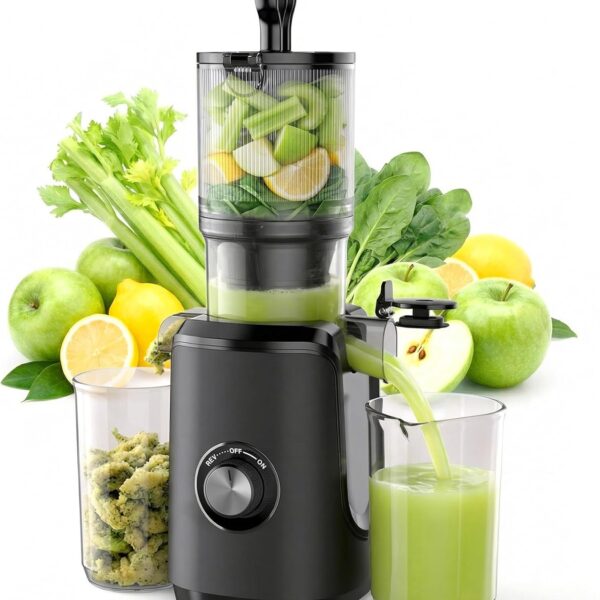 NEWBULIG Cold Press Juicer Machines, Masticating Juicer with High Juice Yield, Reverse Function, Stops Oxidation and Easy to Clean for Vegetables & Fruits, Black