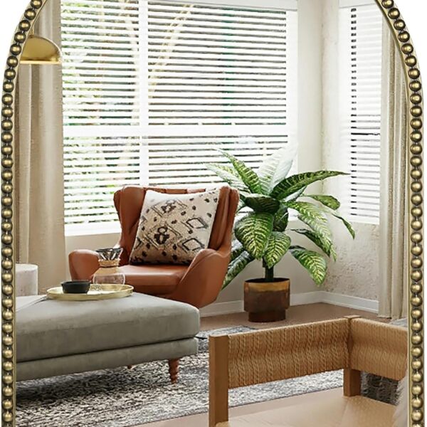 Antique Gold 24"x36" Arched Wall Mirror with Metal Beaded Frame - Decorative Accent Wall Mirror for Bathroom, Bedroom, Living Room, Entryway