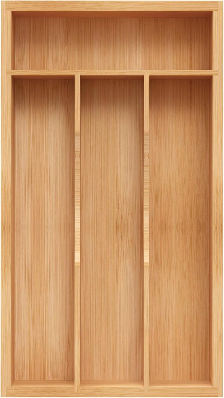 Small Silverware Organizer, Bamboo Kitchen Drawer Organizer, Utensil Holder, Cutlery Tray & Spoon Flatware Storage with Grooved Drawer Dividers (6.7''W x 12''D)